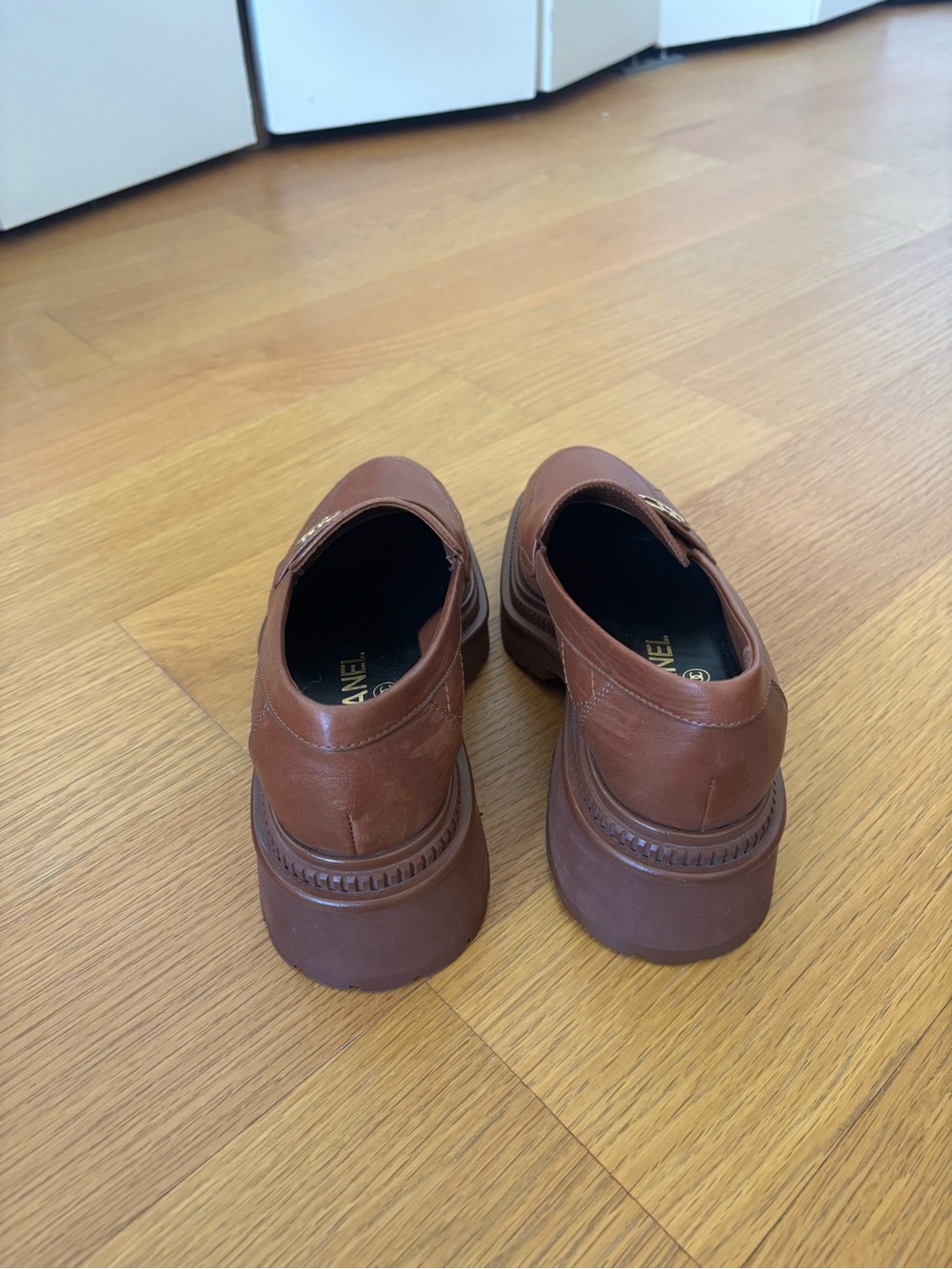 CHANEL Chestnut Brown Leather Penny Loafers with Gold CC Emblem - Picture 4 of 9